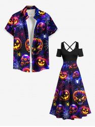 Halloween Pumpkin Skulls Spider Web Galaxy Print Plus Size Matching Outfit For Couples -  
