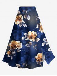 Jupe trapèze fendue hawaïenne grande taille à imprimé floral et feuilles ombré - Bleu Ciel 6X