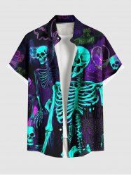 Plus Size Skeleton Heart Letters Print Halloween Button Pocket Shirt For Men -  