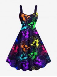Robe trapèze d'Halloween grande taille à imprimé tête de mort colorée - Noir XXS