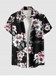 Plus Size Flower Leaf Print Hawaii Button Pocket Shirt For Men -  