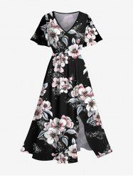 Robe mi-longue hawaïenne grande taille à imprimé fleurs et feuilles, avec poches fendues - Noir S
