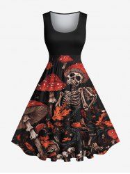 Robe trapèze vintage grande taille à imprimé squelette, champignon et feuille d'érable, style Halloween des années 1950 - Noir 3X