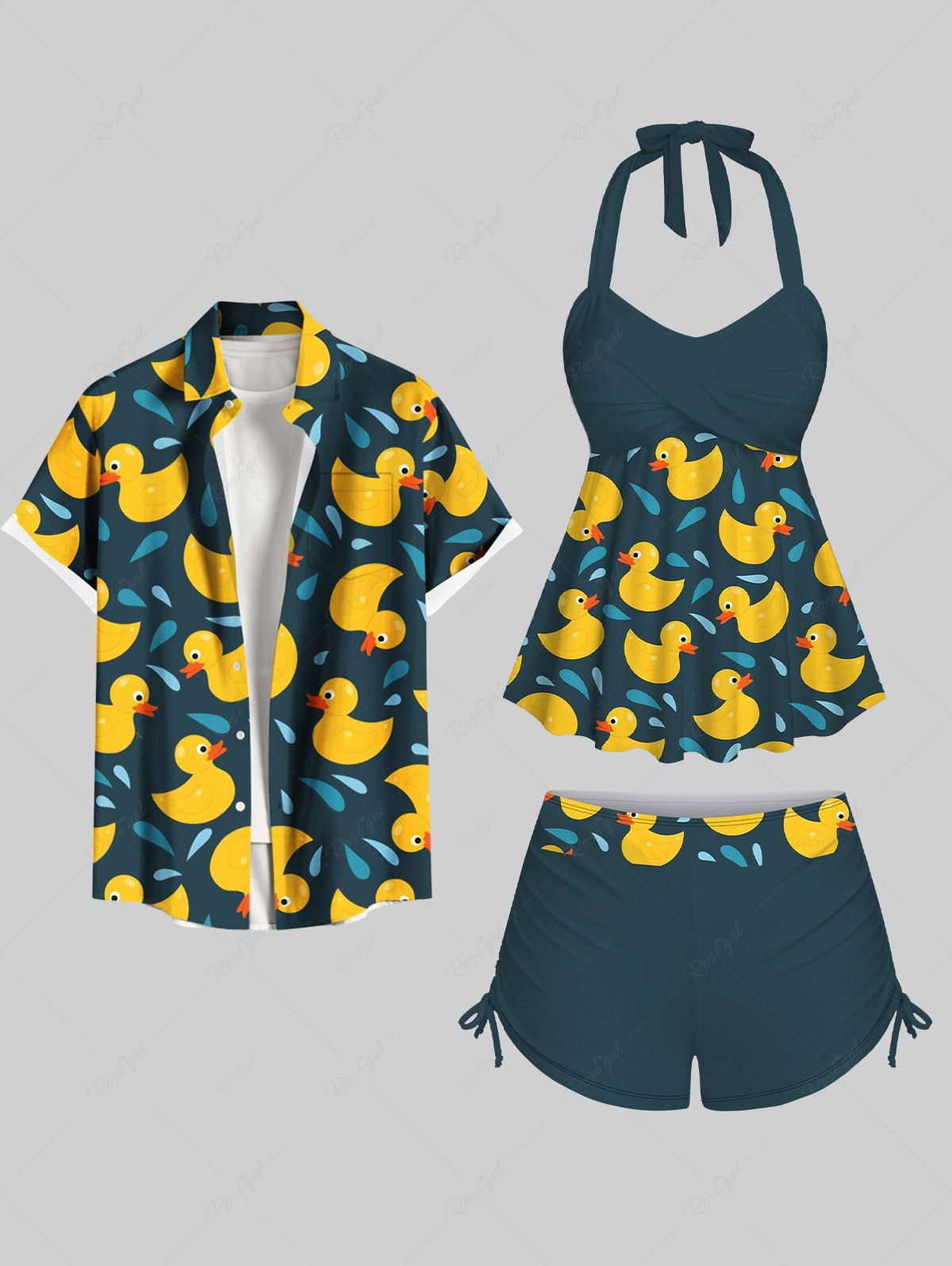 Maillot de bain grande taille imprimé canard et gouttes d'eau, tenue de plage hawaïenne assortie pour couples Vert profond 