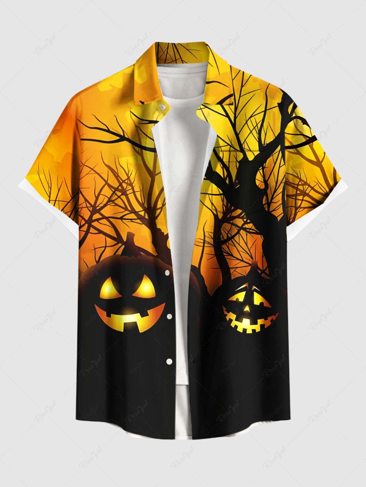Chemise à boutons et poches grande taille pour homme, imprimé citrouille d'Halloween Jaune 6XL