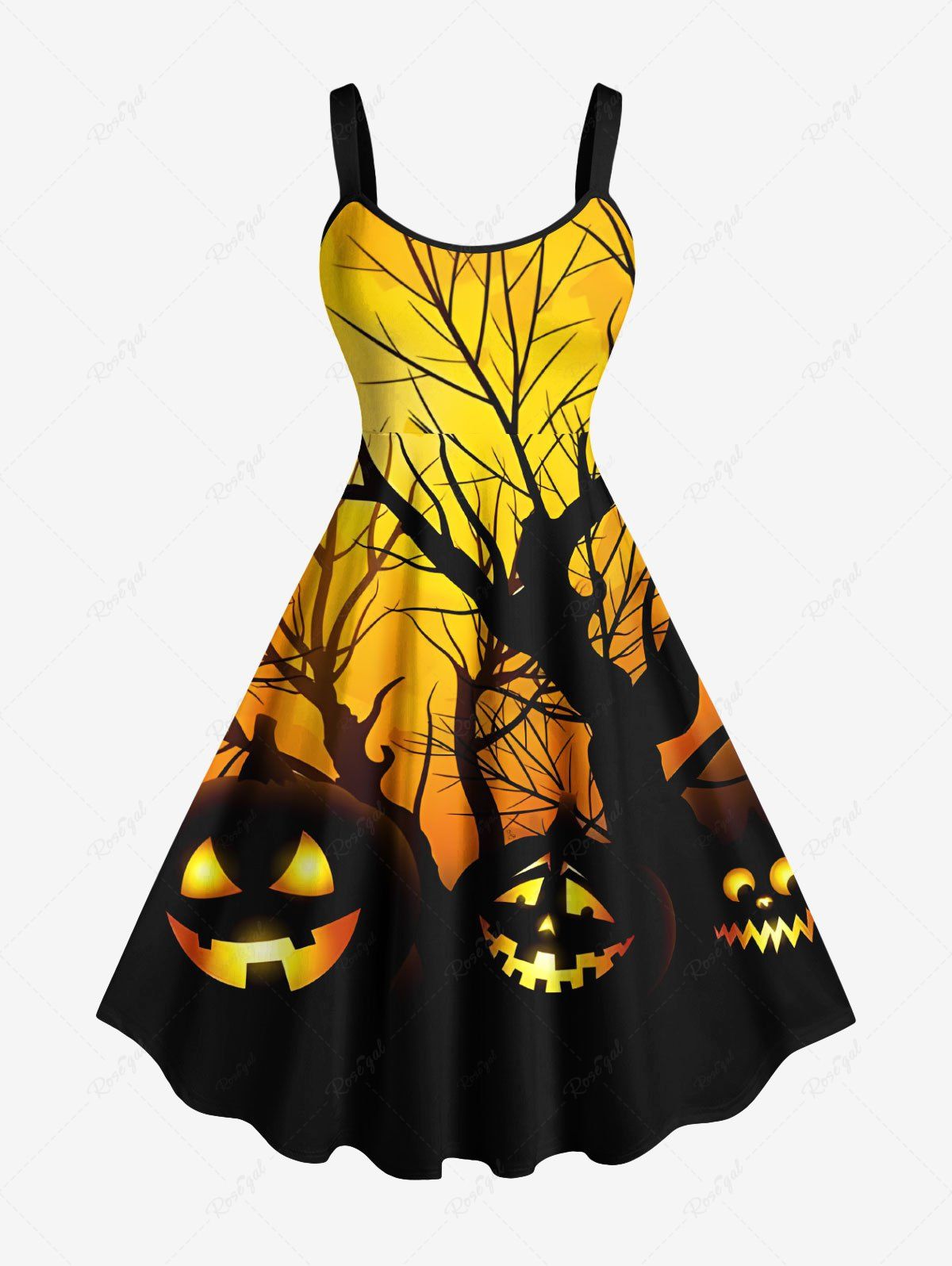 Chic Plus Size Halloween Pumpkin Tree Print Tank Dress  