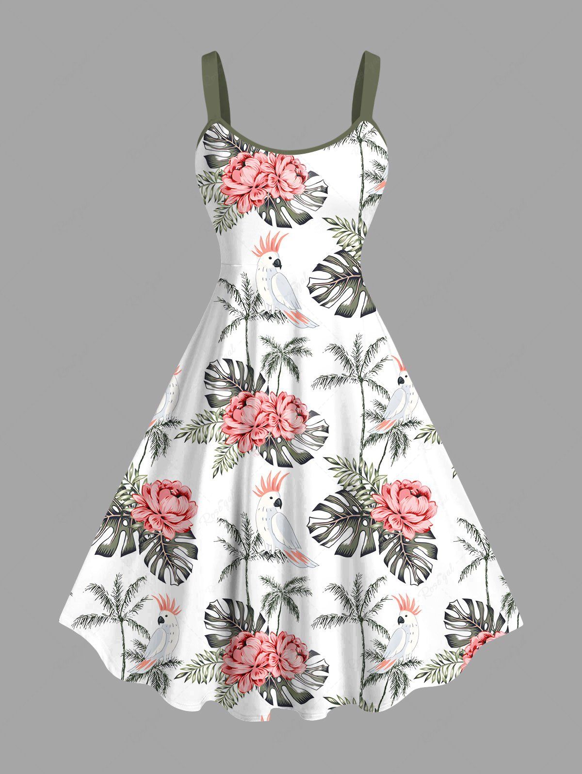Robe débardeur hawaïenne grande taille à imprimé perroquet et feuilles tropicales, motif cocotiers et fleurs Blanc XXS