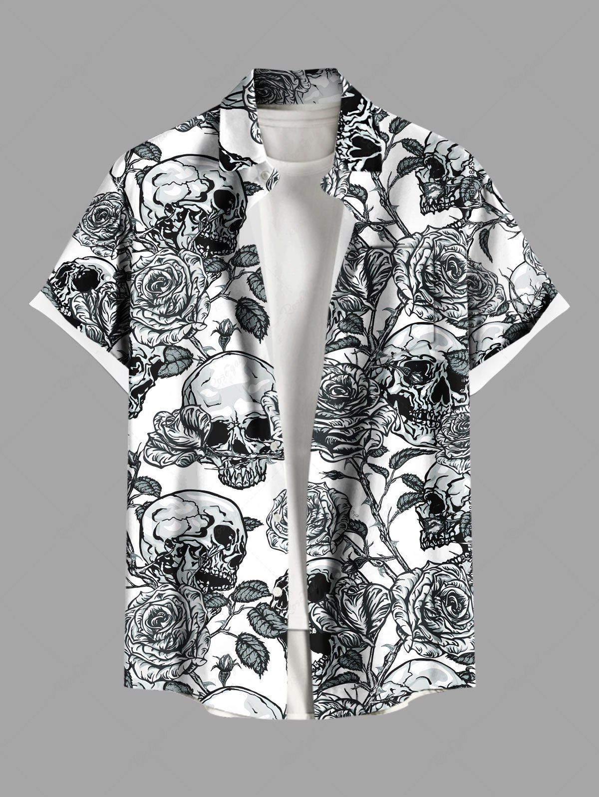 Chemise grande taille à boutons et poches pour homme, motif tête de mort, roses et fleurs, pour Halloween Noir 2XL