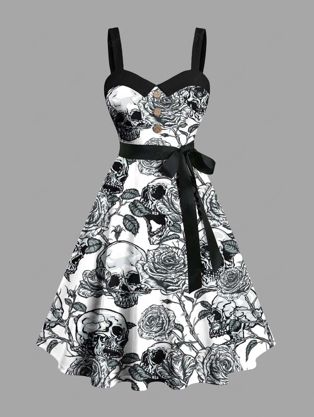 New Plus Size Halloween Skull Rose Flowers Print Buttons Turn Down Collar Hawaii Dress With Belt  