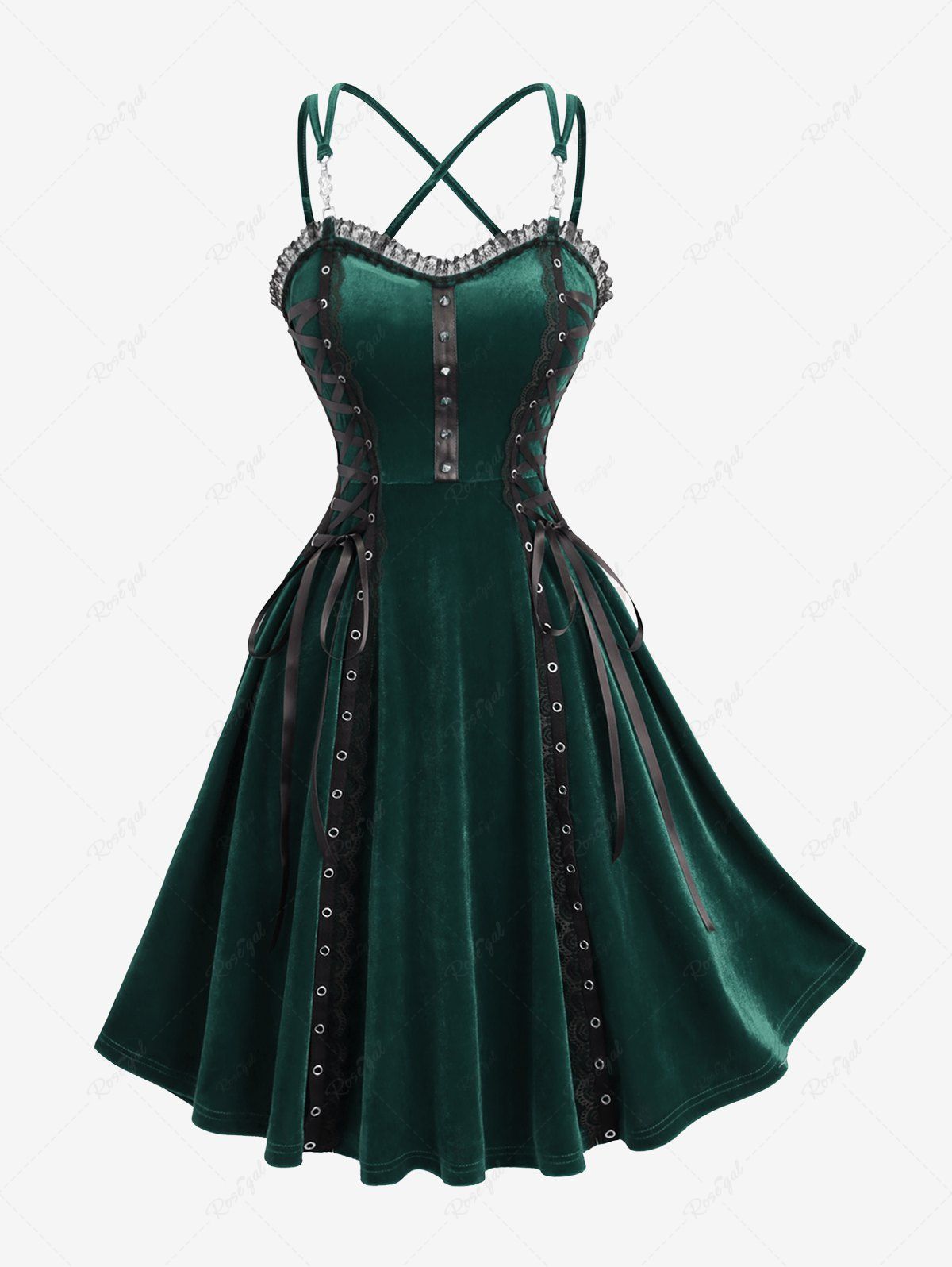 Fashion Lace Up PU Strap Rivet Crisscross Strappy Velvet A Line Dress  