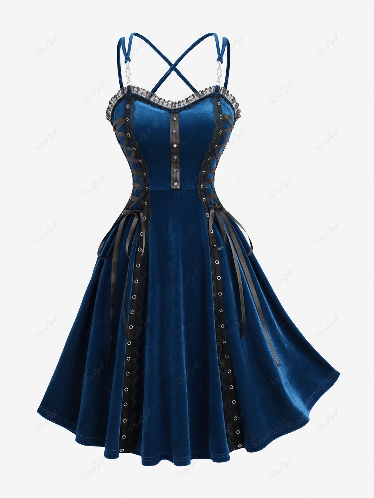Discount Lace Up PU Strap Rivet Crisscross Strappy Velvet A Line Dress  