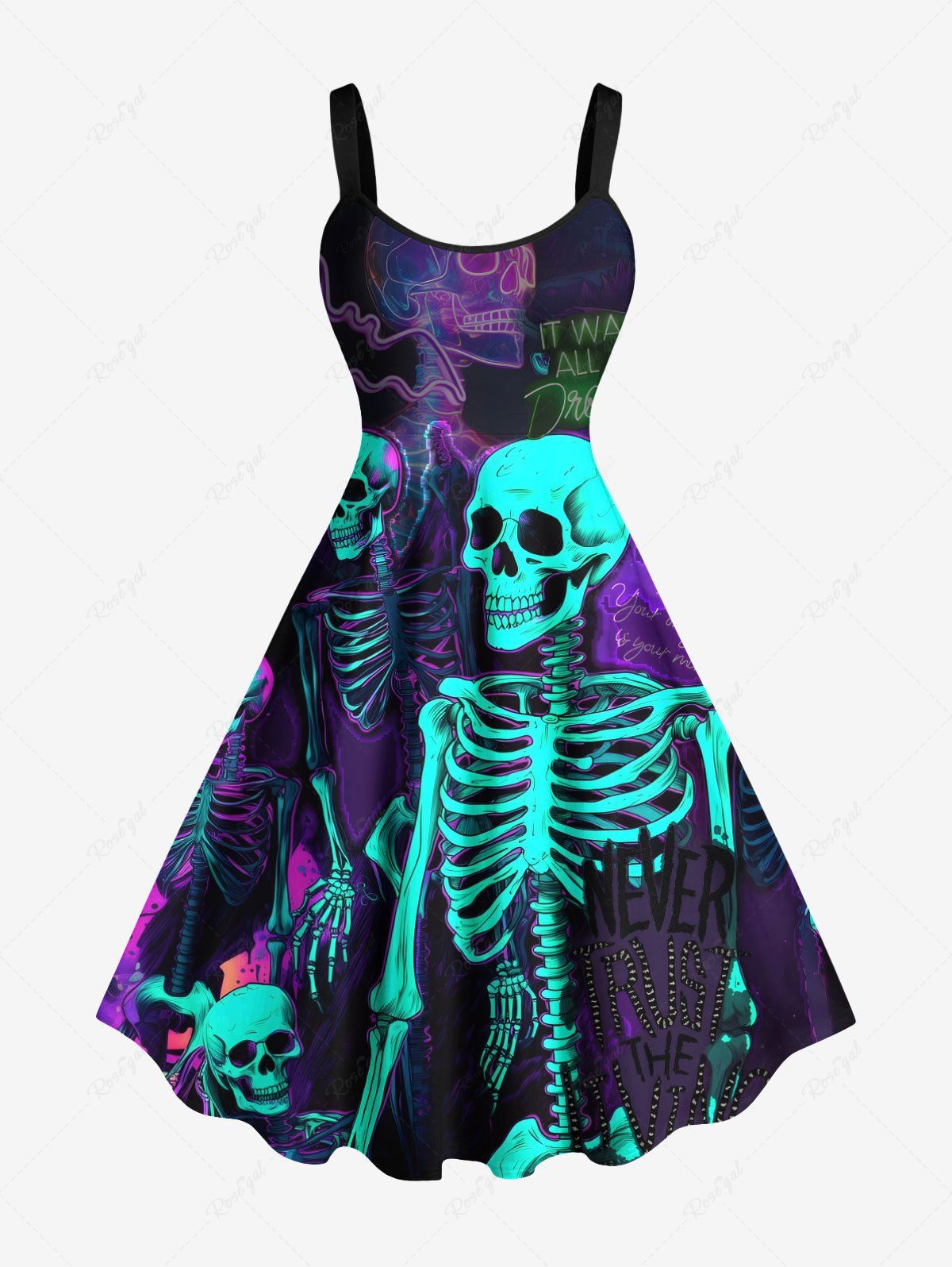 Robe débardeur trapèze grande taille à imprimé squelette et cœurs pour Halloween Noir XXS