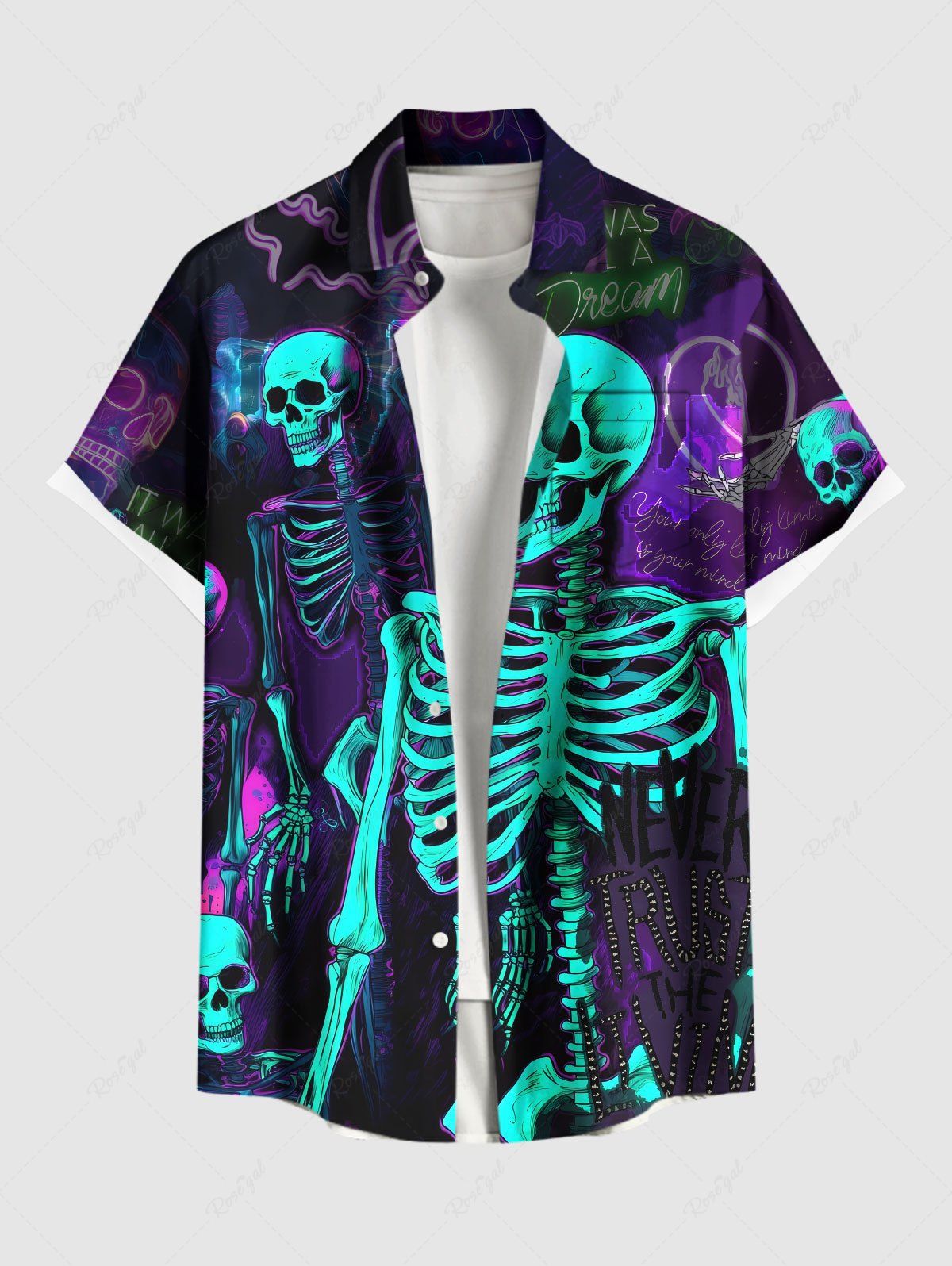 Chemise grande taille à imprimé squelette et cœur pour homme, avec poches boutonnées et imprimé Halloween Noir XL