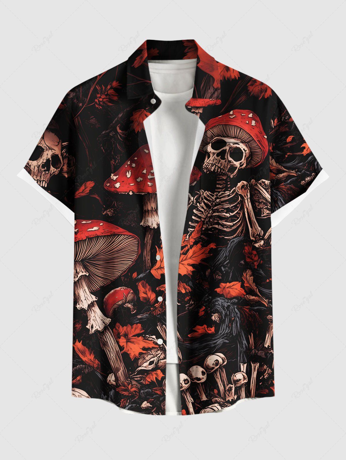 Chemise grande taille à imprimé squelette, champignon et feuille d'érable pour homme, avec poches boutonnées pour Halloween Noir M