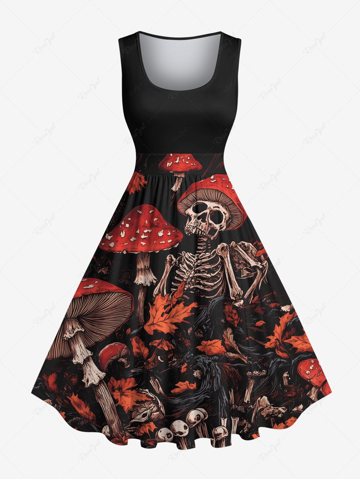 Sale Plus Size Skeleton Mushroom Maple Leaf Print Halloween 1950s Vintage Swing A Line Dress  