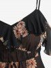 Sunflowers Print Ruffles Cover Cold Shoulder Blouse and Skull Flocking Applique Flare Pants Plus Size Outfit -  