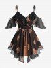 Sunflowers Print Ruffles Cover Cold Shoulder Blouse and Skull Flocking Applique Flare Pants Plus Size Outfit -  