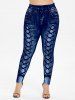 Rose Mesh Lace Up Panel Cold Shoulder Top and High Waisted 3D Print Leggings Plus Size Outfit -  