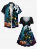 Plus Size Halloween Pumpkin Moon Bat Castle Print Cinched Dress -  