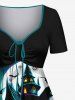 Plus Size Halloween Pumpkin Moon Bat Castle Print Cinched Dress -  