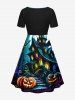 Plus Size Halloween Pumpkin Moon Bat Castle Print Cinched Dress -  