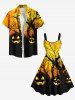 Plus Size Halloween Pumpkin Tree Print Tank Dress -  