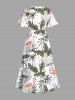 Robe mi-longue hawaïenne fendue grande taille à imprimé flamant rose et feuilles de cocotier - Blanc 4X