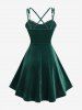 Lace Up PU Strap Rivet Crisscross Strappy Velvet A Line Dress -  
