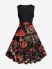 Robe trapèze vintage grande taille à imprimé squelette, champignon et feuille d'érable, style Halloween des années 1950 - Noir S