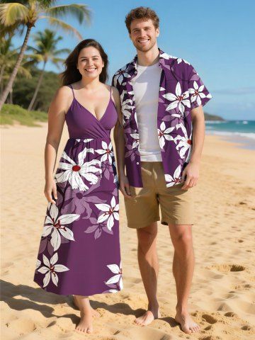 Ombre Hibiscus Flower Print Plus Size Matching Hawaii Beach Outfit For Couples - PURPLE