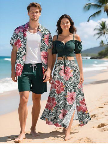 Hibiscus Flowers Leaf Print Plus Size Matching Hawaii Beach Outfit For Couples - BLACK