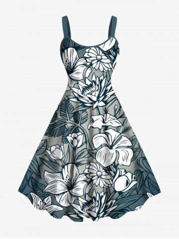Plus Size Flowers Leaf Tropical Print Hawaii Tank Dress - GRAY - 6X
