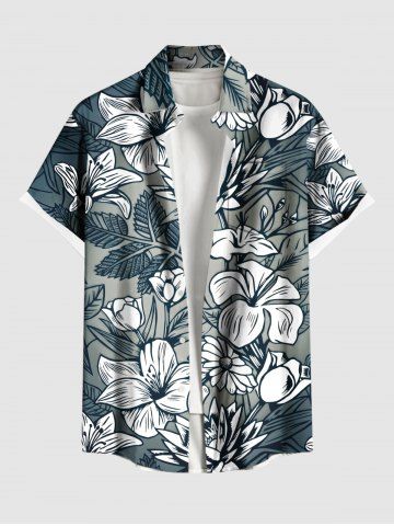 Plus Size Flowers Leaf Tropical Print Buttons Pocket Hawaii Shirt For Men - GRAY - M