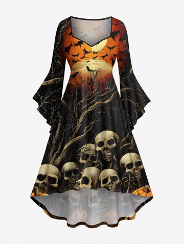 Plus Size Halloween Skulls Pumpkin Bat Moon Tree Print Flare Sleeves High Low Dress - BLACK - 4X