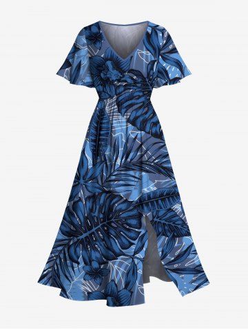 Plus Size Flowers Tropical Leaf Print Split Hawaii Midi Dress - SKY BLUE - XXS