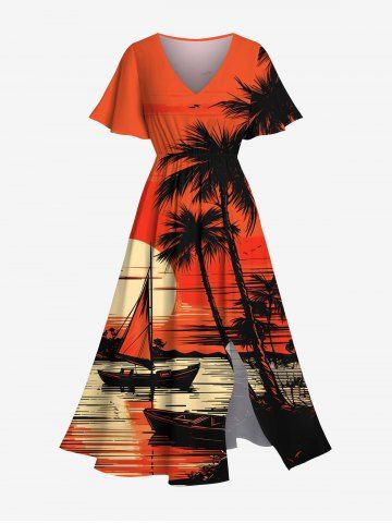 Plus Size Coconut Tree Sun Bird Boat Seascape Print Split Hawaii Midi Dress - ORANGE - 6X