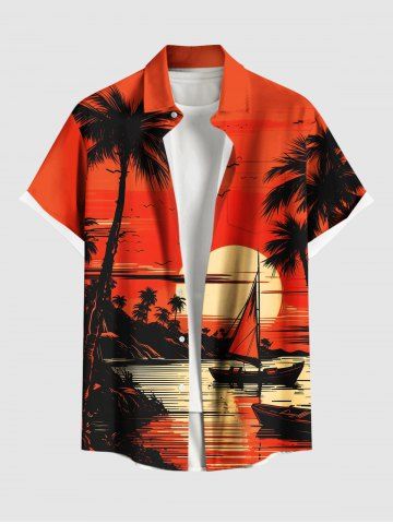 Plus Size Coconut Tree Sun Bird Boat Seascape Print Buttons Pocket Hawaii Shirt For Men - ORANGE - 2XL