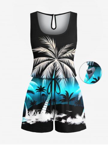 Plus Size Coconut Tree Ombre Colorblock Print Cinched Hawaii Romper - BLACK - L
