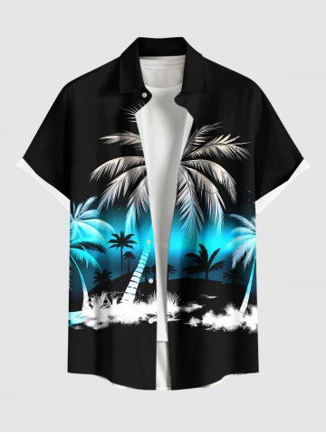 Plus Size Coconut Tree Ombre Colorblock Print Buttons Pocket Hawaii Shirt For Men - BLACK - S