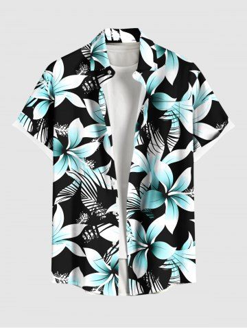Plus Size Tropical Leaf Flowers Print Buttons Pocket Hawaii Shirt For Men - BLACK - S