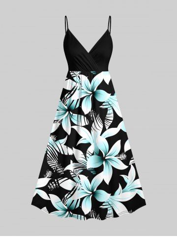Plus Size Tropical Leaf Flowers Print Surplice Hawaii Cami Dress - BLACK - XXS