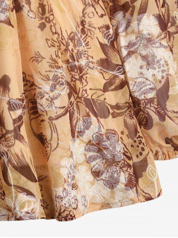 Floral Print Embroidery Ruched Surplice 2 in 1 Long Sleeves Blouse and Ruffles Waist Wide Leg Pants Plus Size Outfit