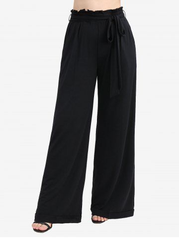 Floral Print Embroidery Ruched Surplice 2 in 1 Long Sleeves Blouse and Ruffles Waist Wide Leg Pants Plus Size Outfit