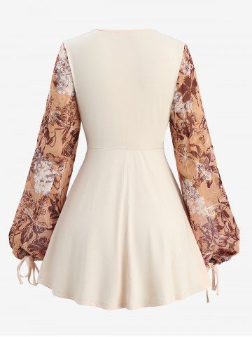 Floral Print Embroidery Ruched Surplice 2 in 1 Long Sleeves Blouse and Ruffles Waist Wide Leg Pants Plus Size Outfit