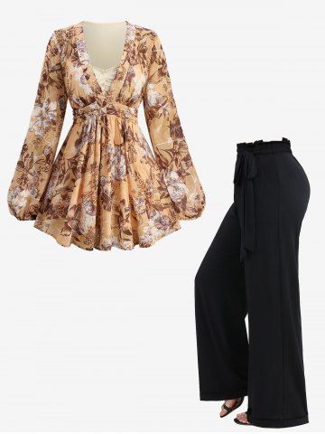 Floral Print Embroidery Ruched Surplice 2 in 1 Long Sleeves Blouse and Ruffles Waist Wide Leg Pants Plus Size Outfit