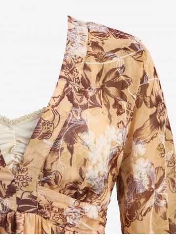 Floral Print Embroidery Ruched Surplice 2 in 1 Long Sleeves Blouse and Ruffles Waist Wide Leg Pants Plus Size Outfit