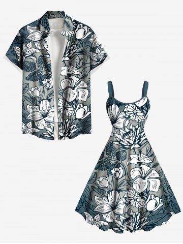 Flowers Leaf Tropical Print Plus Size Matching Hawaii Beach Outfit For Couples - GRAY