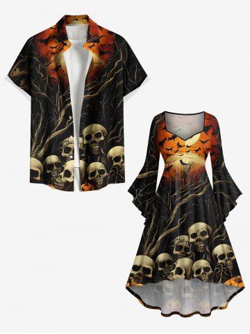 Halloween Skulls Pumpkin Bat Moon Tree Print Plus Size Matching Outfit For Couples - BLACK