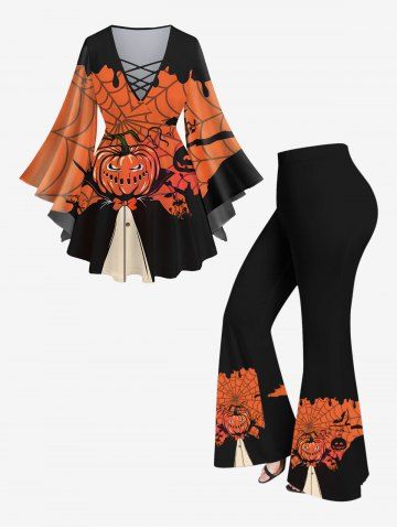 Halloween Pumpkin Wizard Spider Web Tree Print Lattice T-shirt and Flare Pants Plus Size Matching Set - MULTI-A