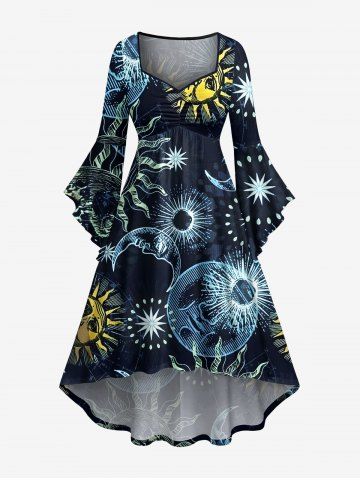 Plus Size Sun Moon Star Print Hawaii Ruched High Low Asymmetric Dress - NAVY BLUE - 2X